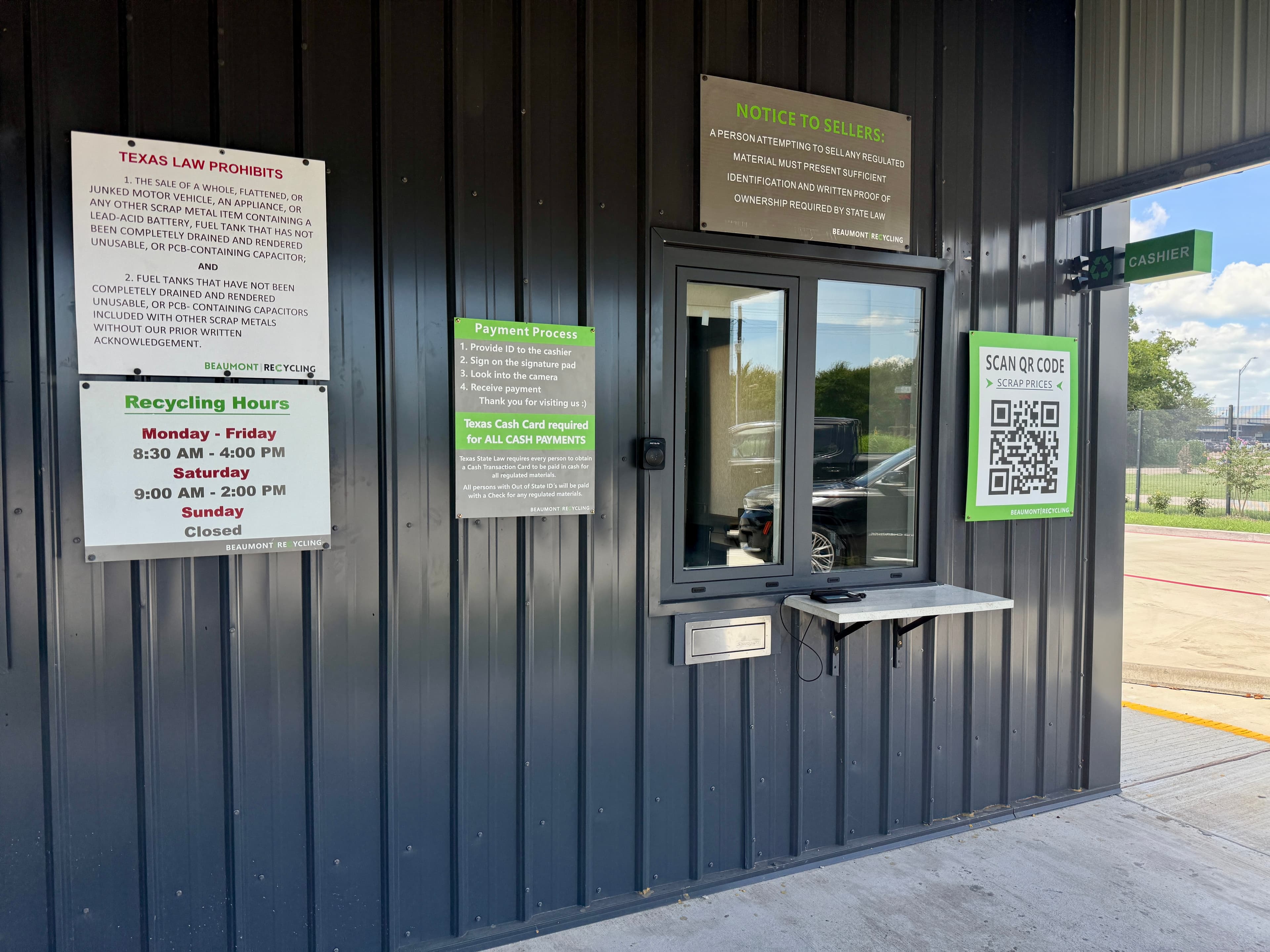 Cashier window at Beaumont Recycling